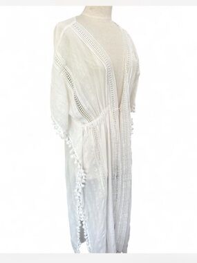 OLIA White Boho Tassel Trim Sheer Duster Kimono Swim Cover Up Size Small